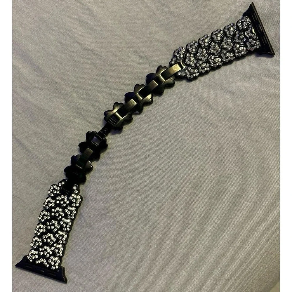 NEW Black SS Rhinestone Flower Linked Band for Apple Watch 38mm/40mm/41mm
